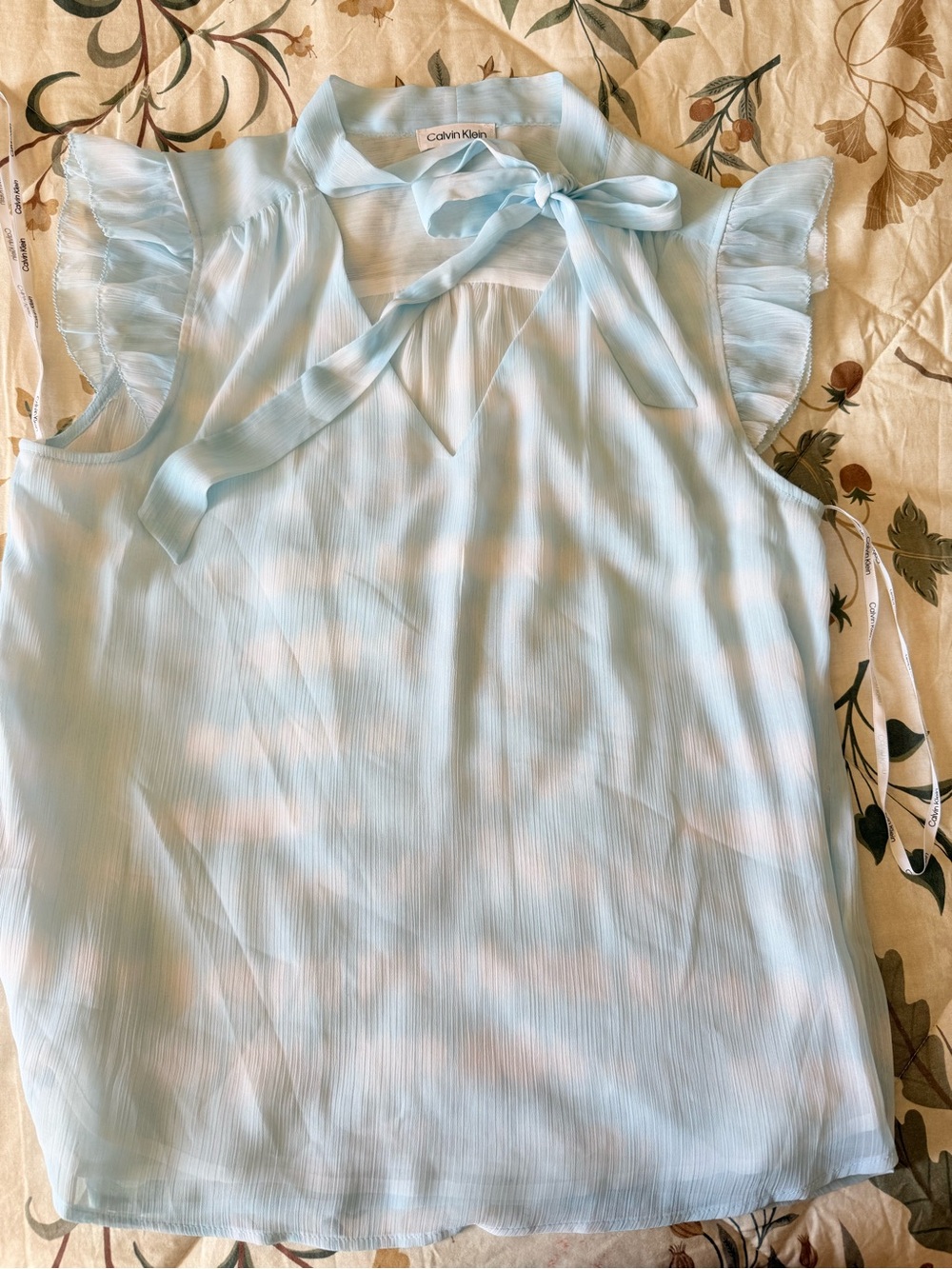 Calvin Klein Pale Blue Tie-Neck Ruffle Cap Sleeve Camisole